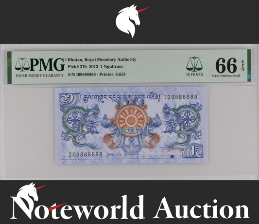 Bhutan 1 Ngultrum 2013 P 27b Fancy S/N I09888888 UNC PMG 66 EPQ