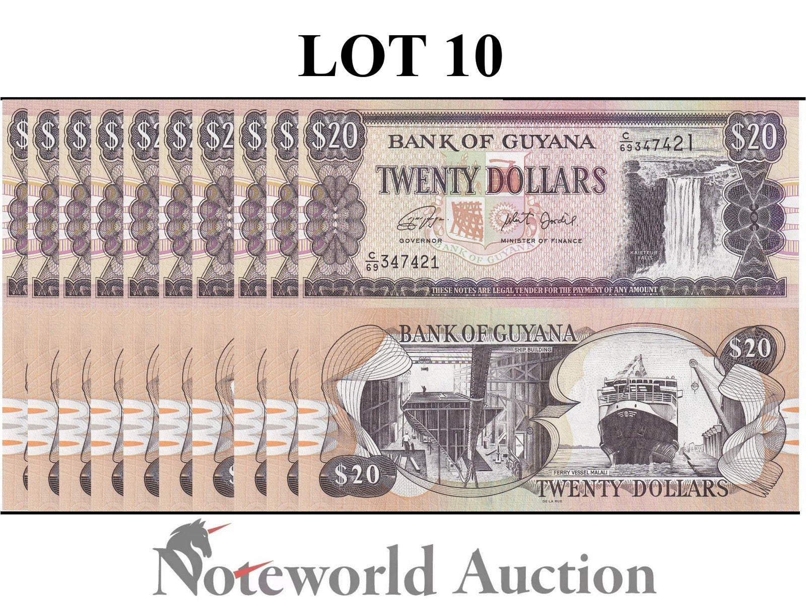 GUYANA 20 Dollars ND 1996-2018 P 30 Lot 10 pcs 1/10 Bundle UNC
