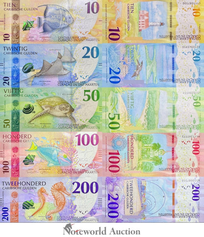CURACAO & SINT MAARTEN Set 5 pcs - 10 20-200 Caribische Gulden 2025 P New UNC