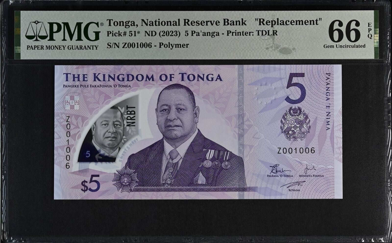 TONGA 5 2023 P 51* Replacement Fancy Lucky LOW S/N 001006 Polymer UNC PMG 66 EPQ