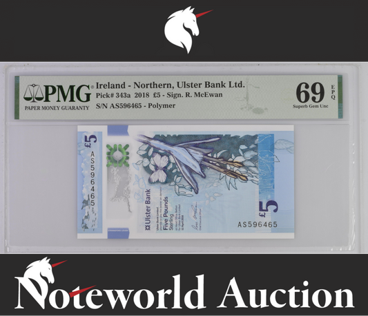 Ireland Northern Ulster Bank  £5 2018 P 343a Polymer UNC PMG 69 EPQ TOP POP