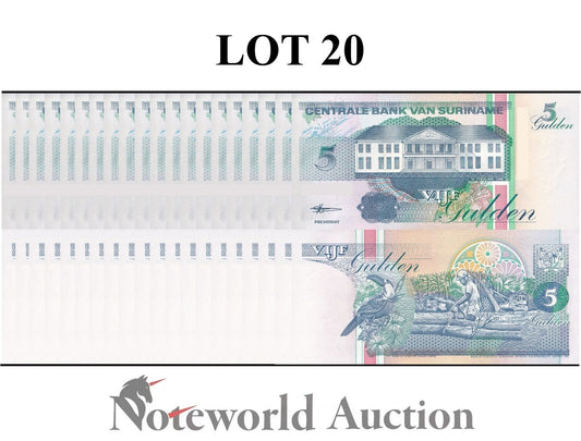 SURINAME Lot 20 pcs 1/5 Bundle - 5 Gulden 1998 P 136b UNC