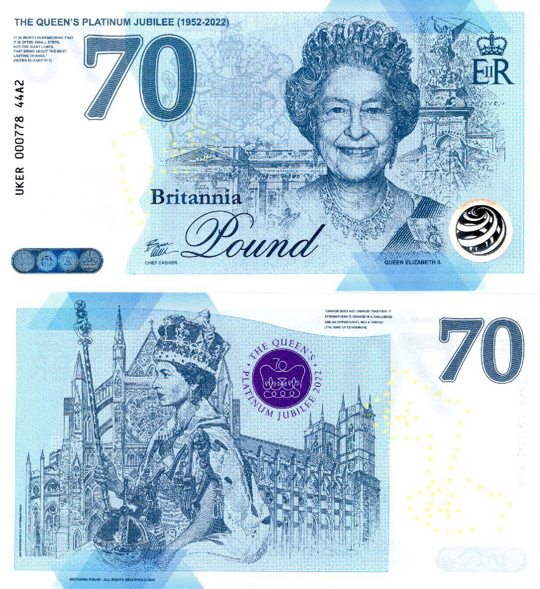 GREAT BRITAIN UK COMM. TEST NOTE - 2022 Queen Platinam Jubilee 70th Type A2 UNC