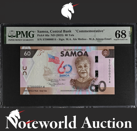 Samoa COMM. 60 Tala ND 2023 P 46a LOW SERIAL NO. 14 UNC PMG 68 EPQ 2nd TOP POP