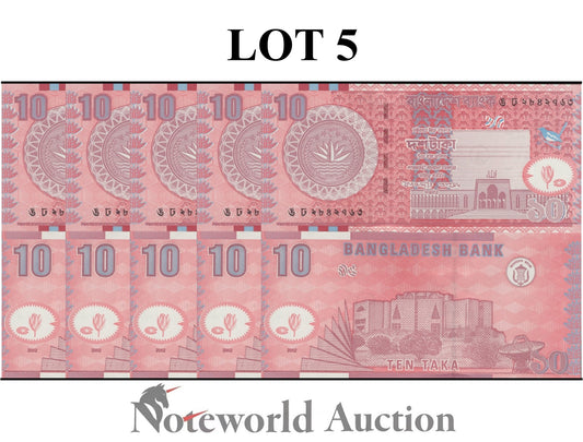 BANGLADESH 10 Taka 2002 P 39a Lot 5 pcs 1/20 Bundle UNC