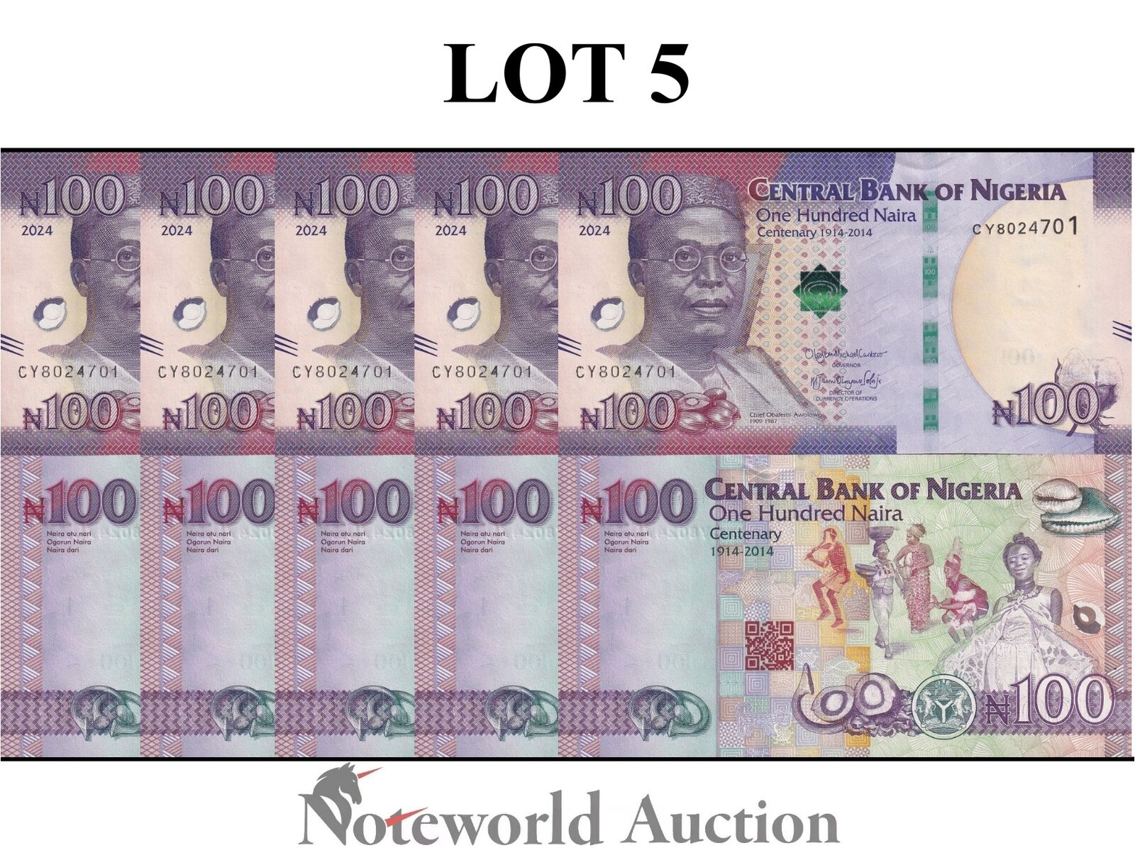 NIGERIA Commemorative Lot 5 pcs 1/20 Bundle - 100 Naira 2024 P 41 New Design UNC