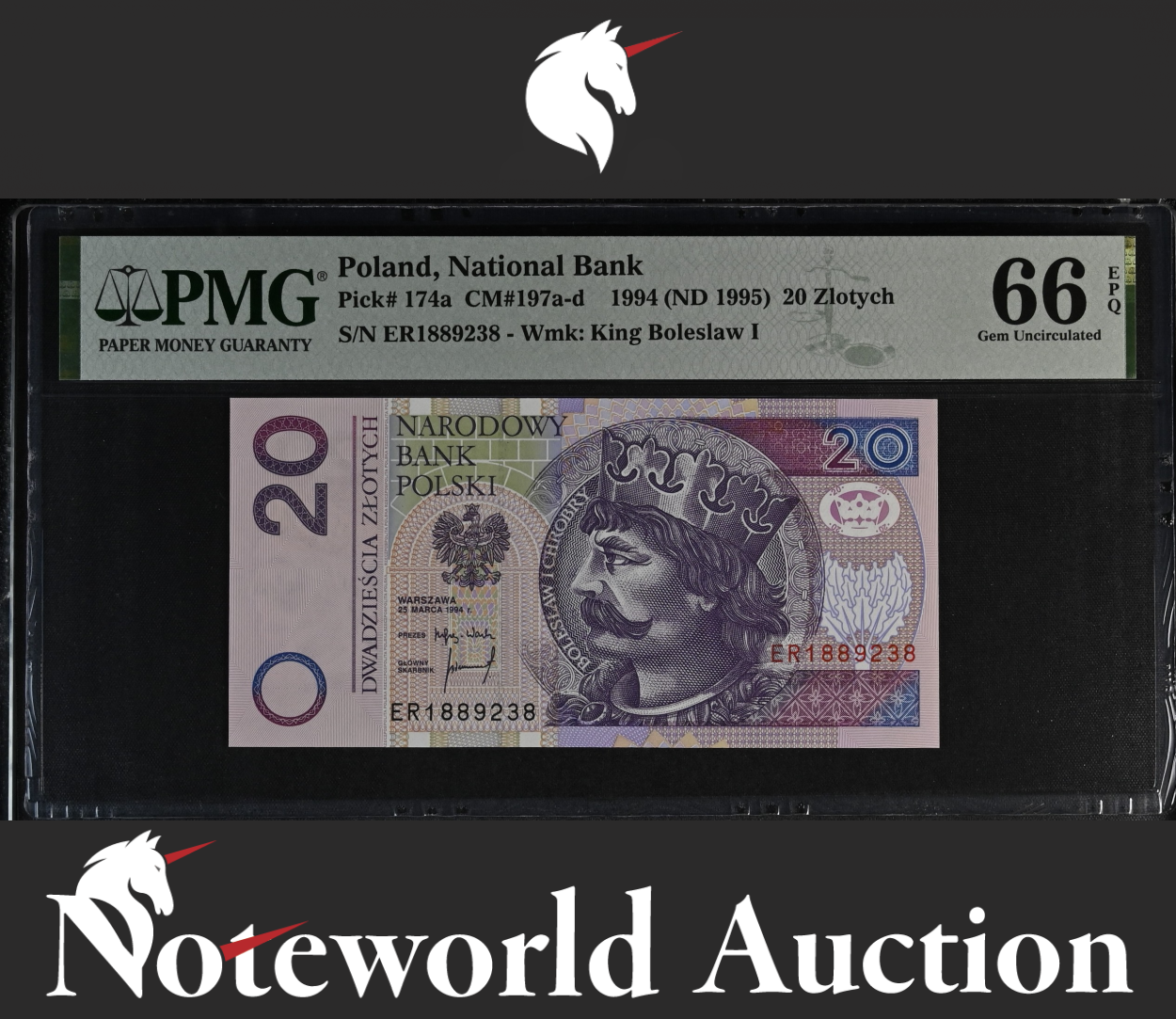 Poland National Bank 20 Zlotych 1994 (ND 1995) P 174a UNC PMG 66 EPQ