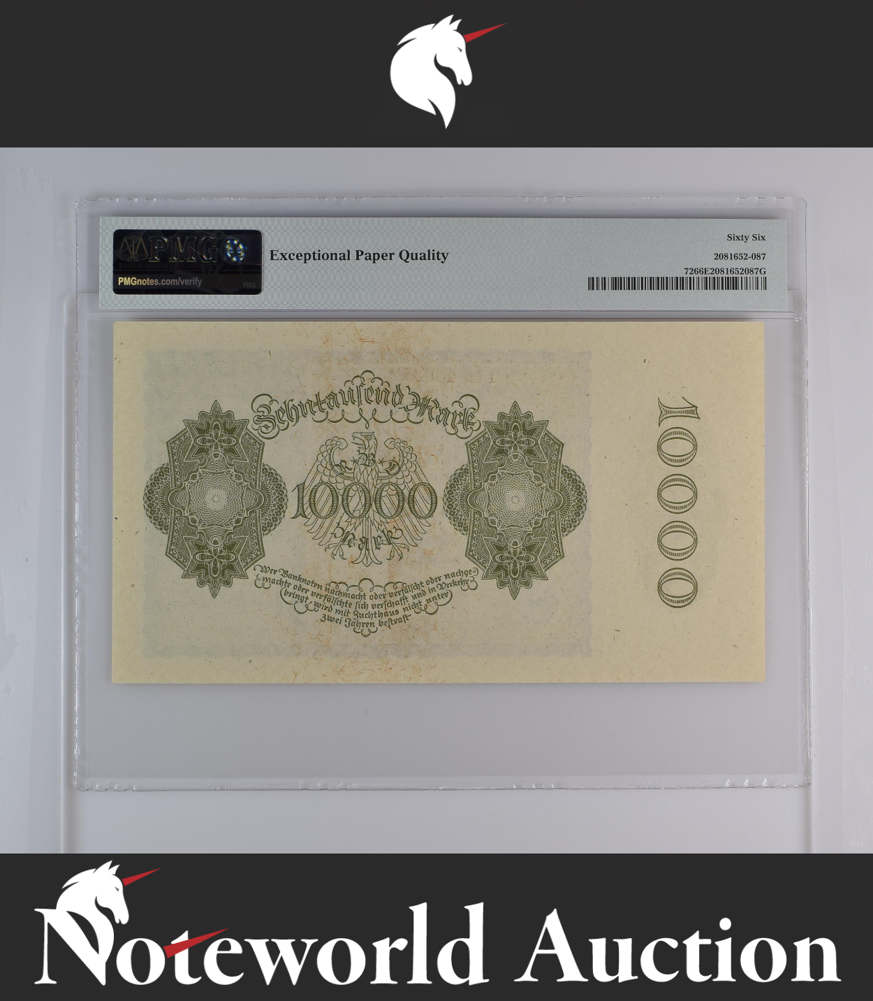 Germany Republic Treasury Note 10000 Mark 1922 P 72 UNC S/N 6 Digit PMG 66 EPQ