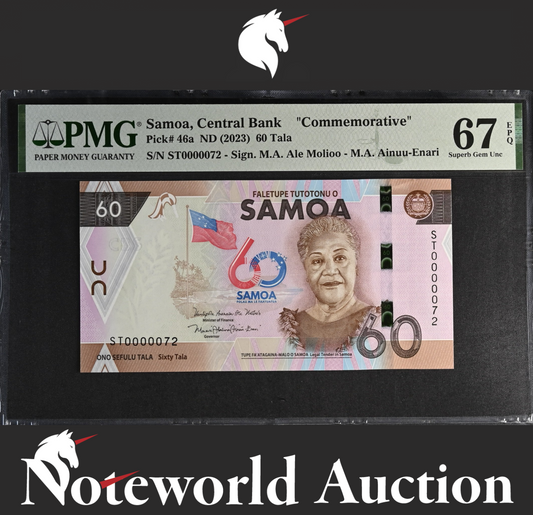 Samoa Commemorative 60 Tala ND 2023 P 46a LOW No. 72 UNC PMG 67 EPQ 3rd TOP POP