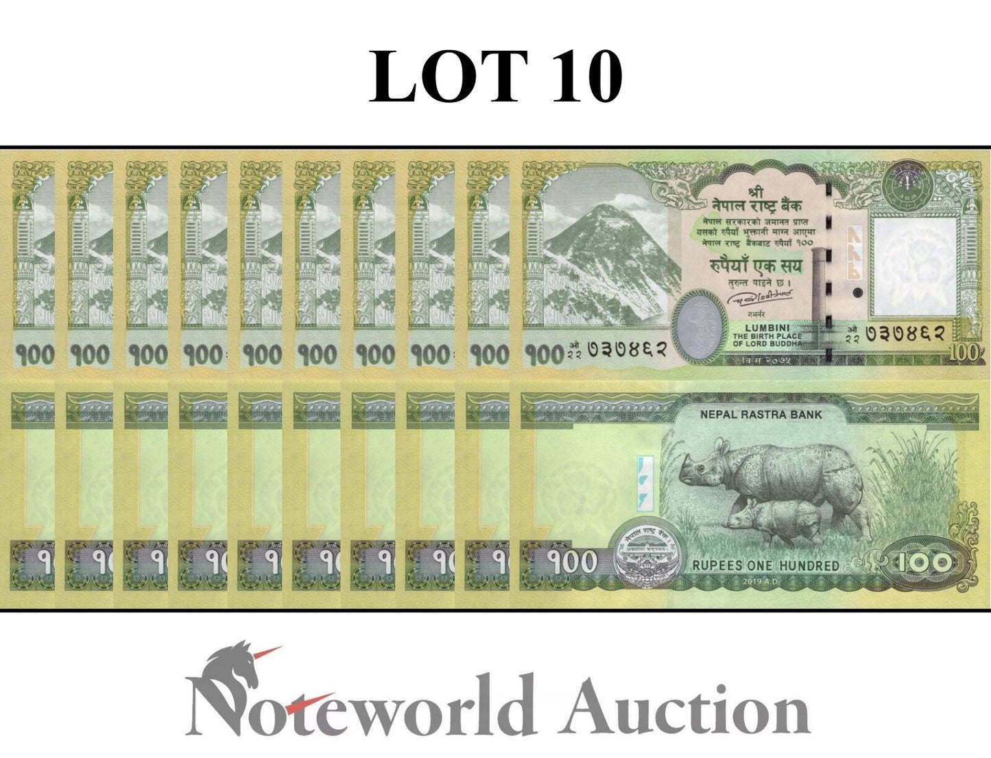 NEPAL Lot 10 pcs 1/10 Bundle - 100 Rupees 2019 P 80 Rhinoceros UNC