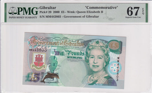 GIBRALTAR Commemorative 5 Pounds 2000 P 29 QEII 2nd Top POP UNC PMG 67 EPQ