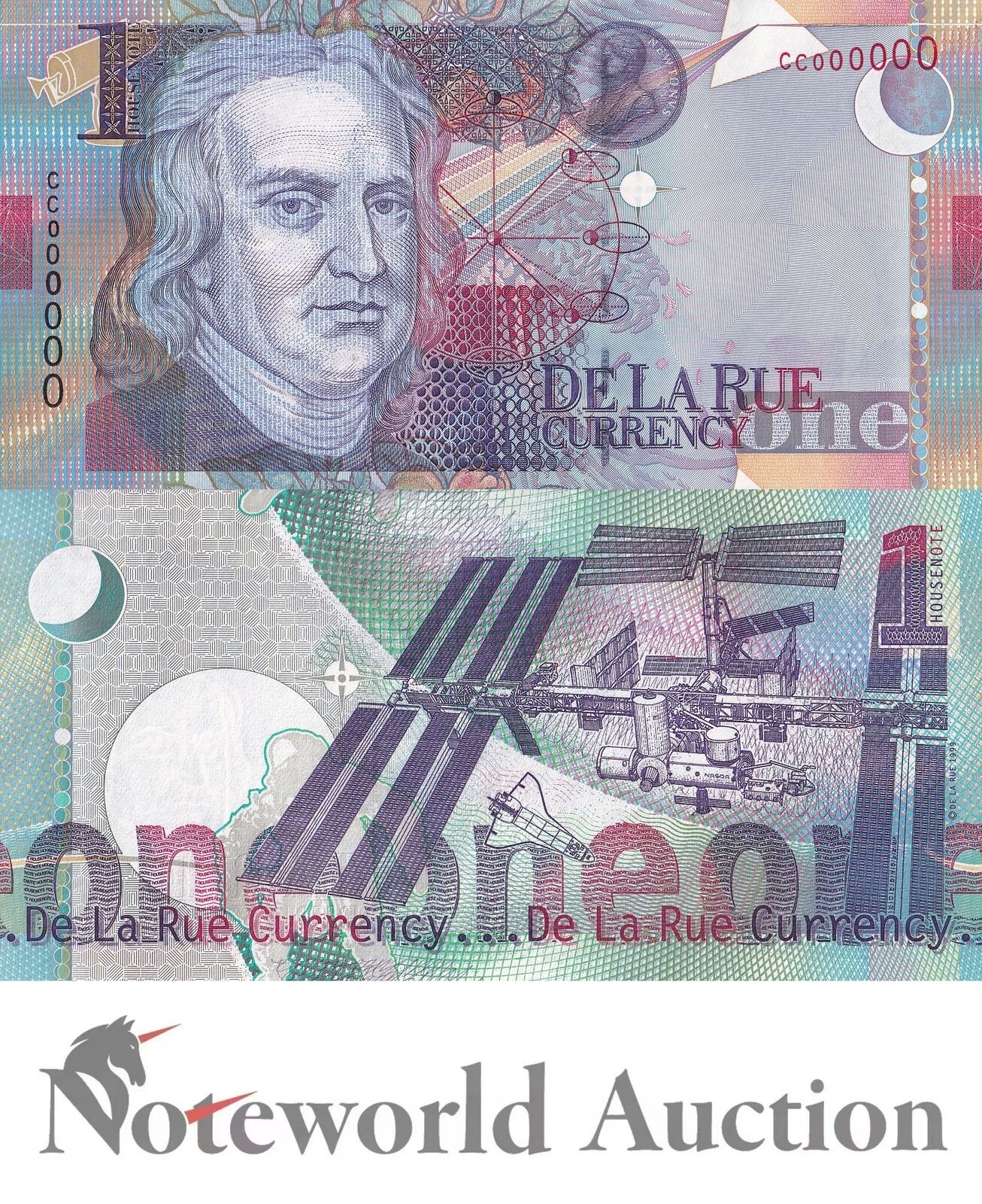 DE LA RUE TEST NOTE - 1 Housenot 1999 CC Prefix isaac Newton UNC