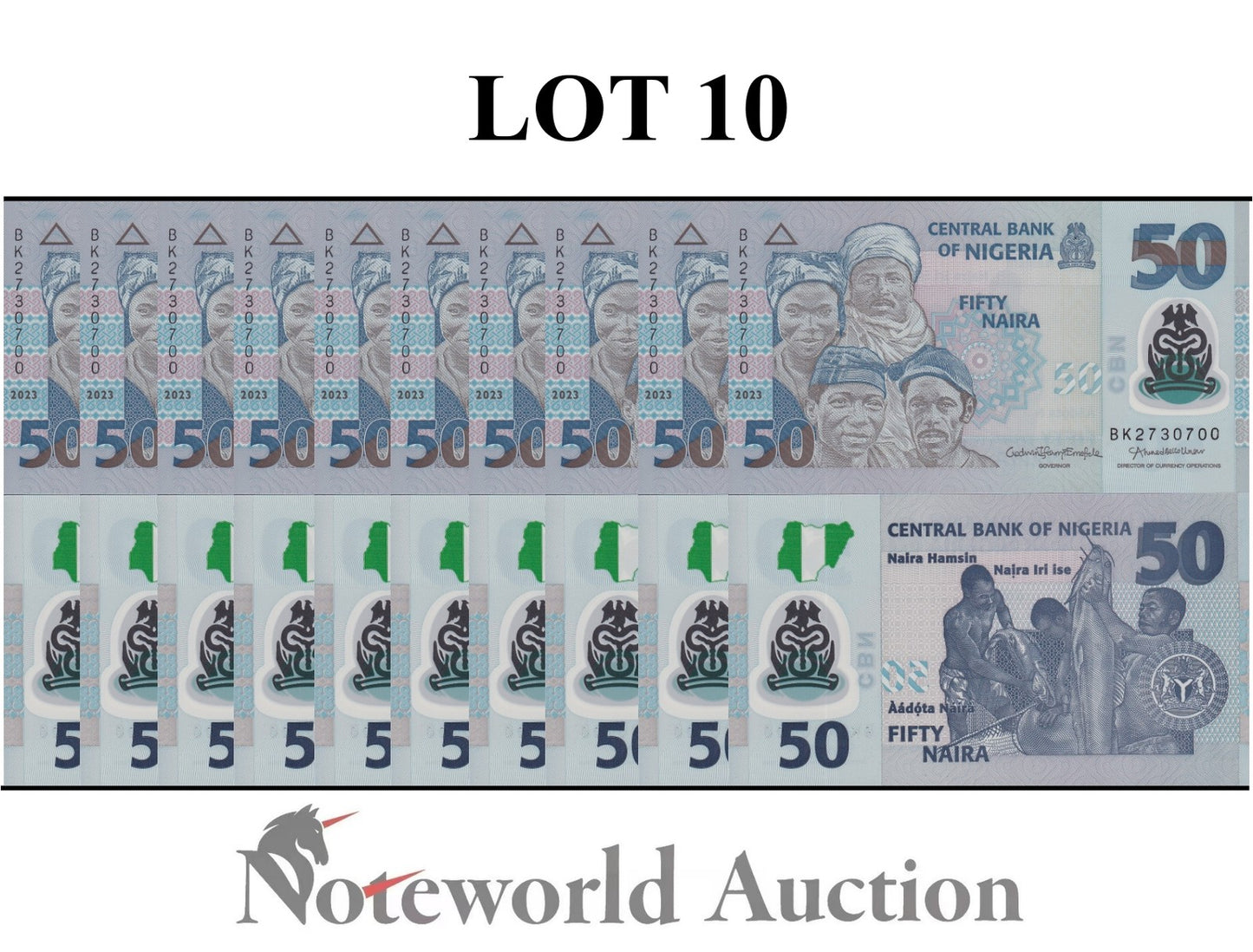 NIGERIA 50 Naira 2023 P 40 Polymer Lot 10 pcs 1/10 Bundle UNC