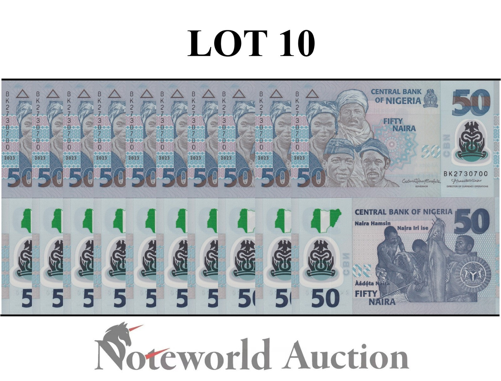 NIGERIA 50 Naira 2023 P 40 Polymer Lot 10 pcs 1/10 Bundle UNC