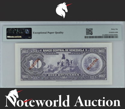 Venezuela SPECIMEN 10 Bolivares 1977 P 51s3 UNC PMG 66 EPQ 3rd TOP POP