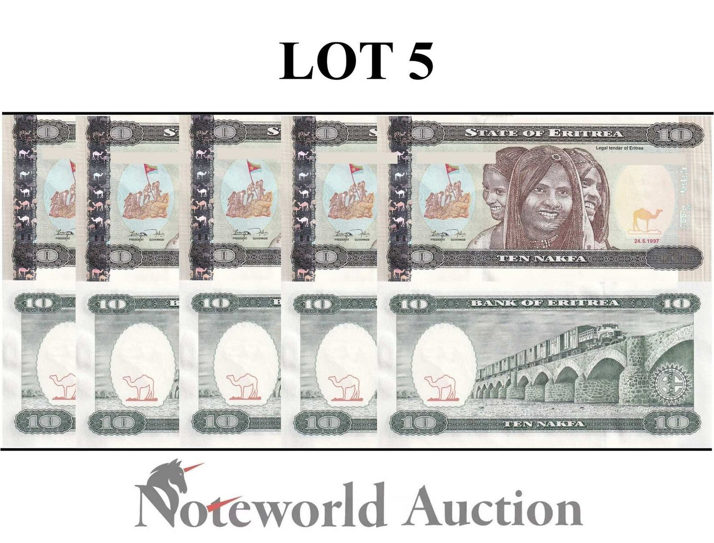 ERITREA Lot 5 pcs 1/20 Bundle - 10 Nakfa 1997 P 3 UNC