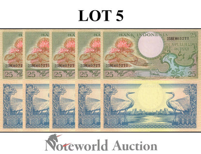 INDONESIA Lot 5 pcs 1/20 Bundle - 25 Rupiah 1959 P 67 UNC