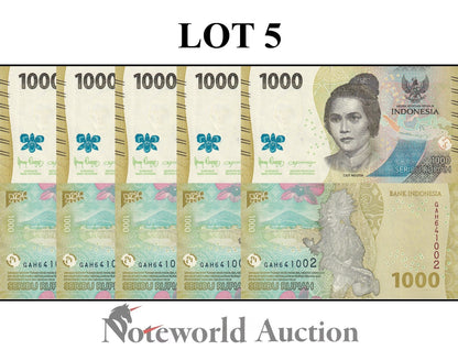 INDONESIA 1000 Rupiah 2022 P 162 New Design  Lot 5 pcs 1/20 Bundle UNC