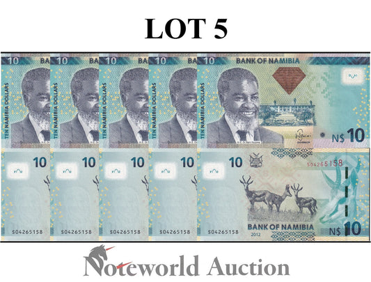 NAMIBIA 10 Namibia Dollars 2012 P 11a Lot 5 pcs 1/20 Bundle UNC
