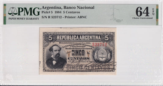 ARGENTINA 5 Centavos 1884 P 5 UNC PMG 64 EPQ