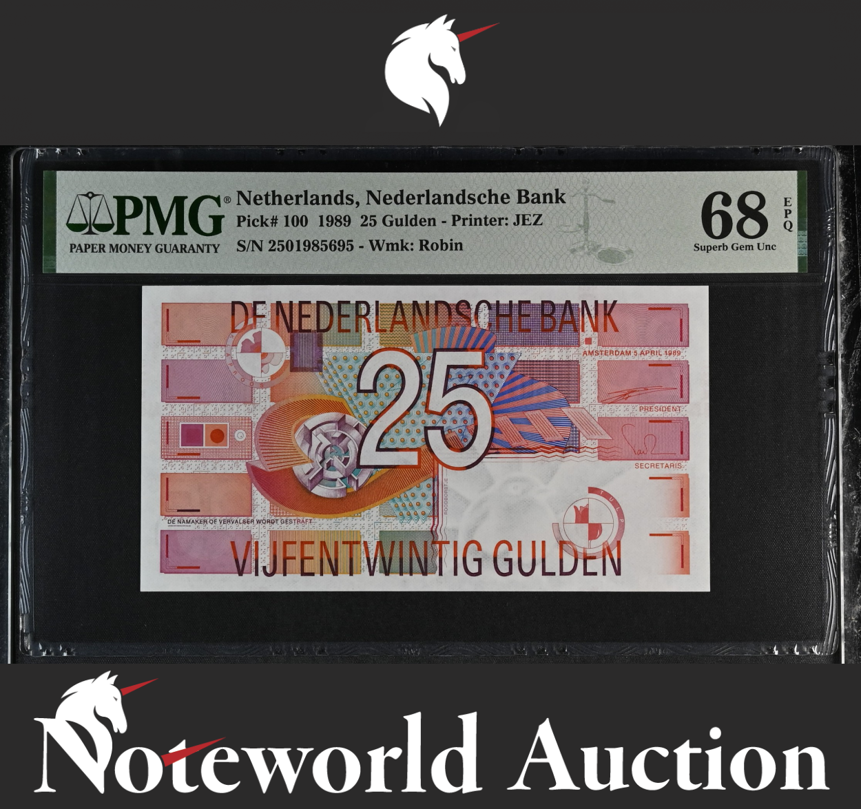 Netherlands Nederlandsche Bank 25 Gulden 1989 P 100 UNC PMG 68 EPQ