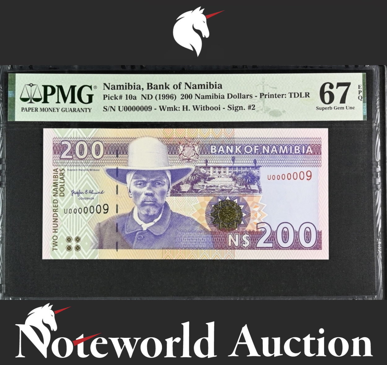 Namibia 200 Namibia Dollars ND (1996) P 10a LOW SERIAL NO. 9 UNC PMG 67 EPQ