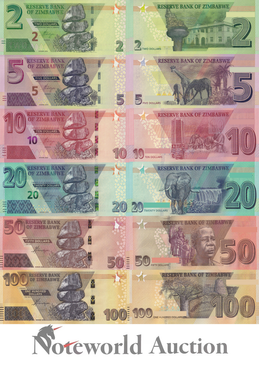 ZIMBABWE Set 6 pcs - 2 5 10 20 50 100 Dollars 2019 2020 P 101 - 106 UNC