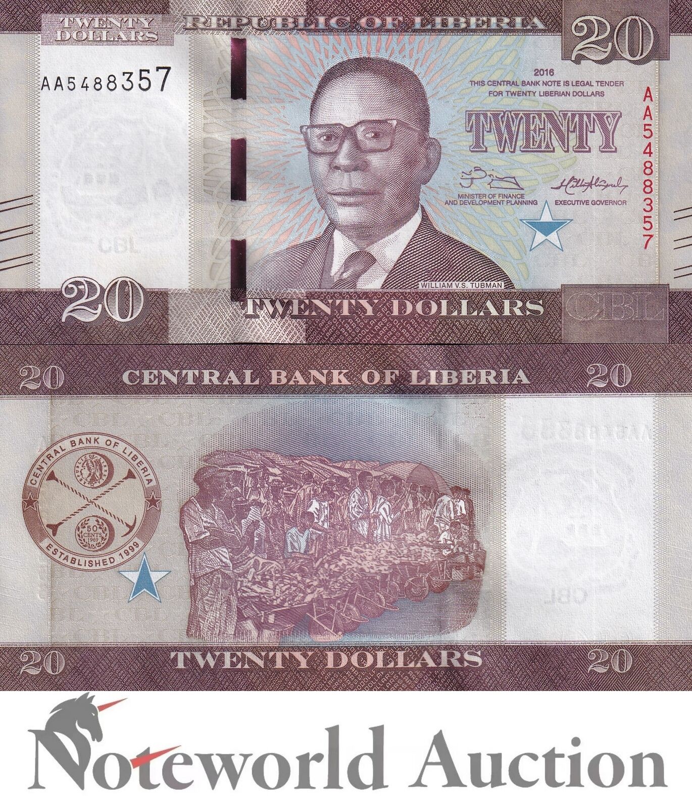 LIBERIA 20 Dollars 2016 P 33a First Prefix AA UNC