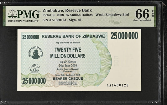 ZIMBABWE 25 Million Dollars 2008 P 56 First Prefix AA UNC PMG 66 EPQ