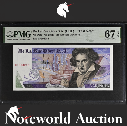 De La Rue Giori S.A. Test Note No Units ND Beethoven Varinota UNC PMG 67 EPQ NR