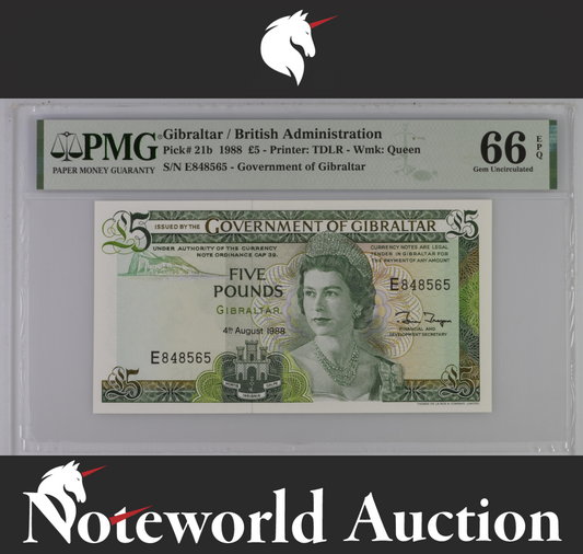 Gibraltar British Administration £5 1988 P 21b UNC PMG 66 EPQ