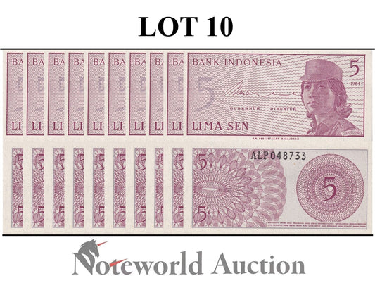 INDONESIA Lot 10 pcs 1/10 Bundle - 5 Sen 1964 P 91 UNC