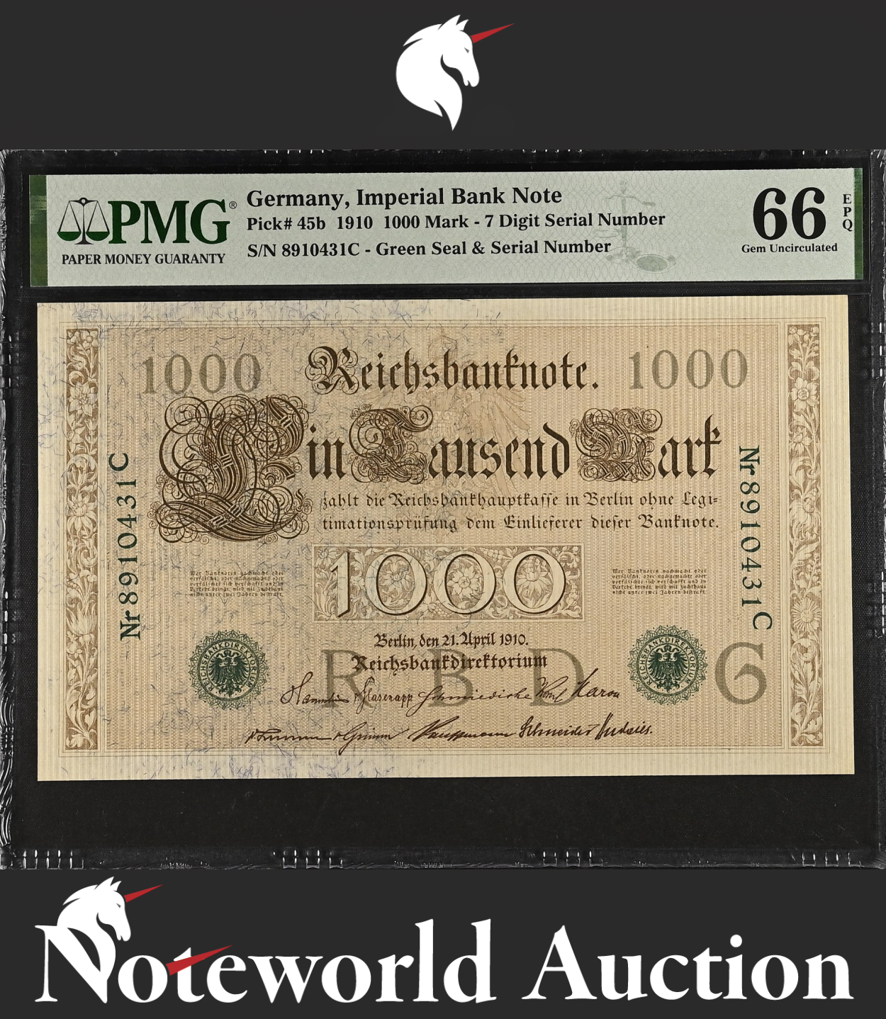 Germany Imperial Bank Note 1000 1910 7 Digit S/N P 45b UNC PMG 66 EPQ TOP POP