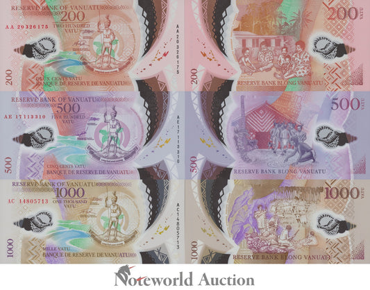 VANUATU Set 3 pcs - 200 500 1000 Vatu 2014 2017 2020 P 12 13 18 Polymer UNC