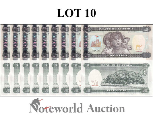 ERITREA Lot 10 pcs 1/10 Bundle - 5 Nakfa 1997 P 2 UNC