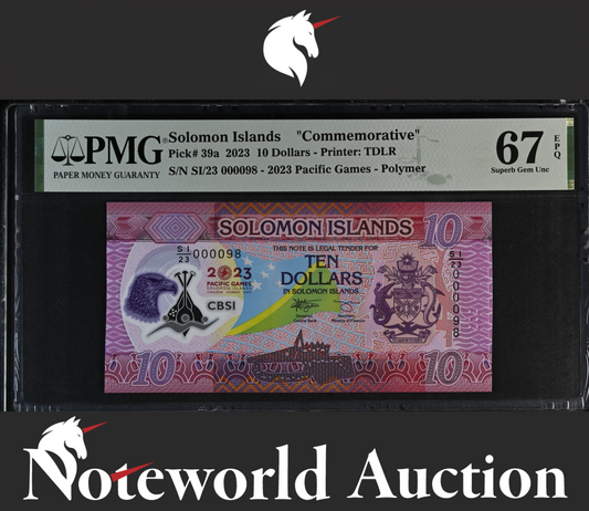 Solomon Islands COMM. 2023 P 39a Polymer LOW No. 98 UNC PMG 67 EPQ 3rd TOP POP