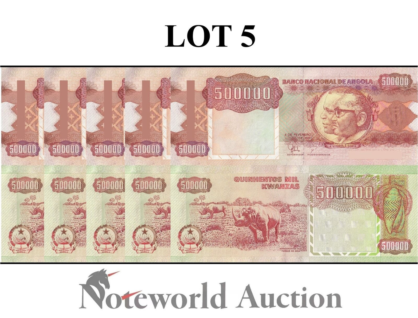 ANGOLA Lot 5 pcs 1/20 Bundle - 500000 Kwanzas 1991 P 134 Rhino UNC