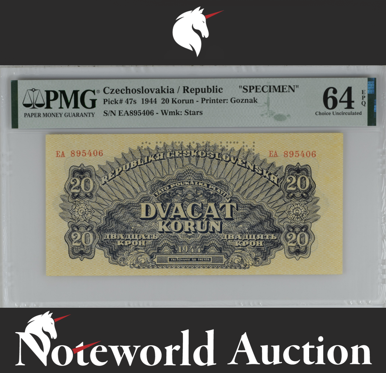 Czechoslovakia SPECIMEN 20 Korun 1944 P 47s UNC PMG 64 EPQ 3rd TOP POP