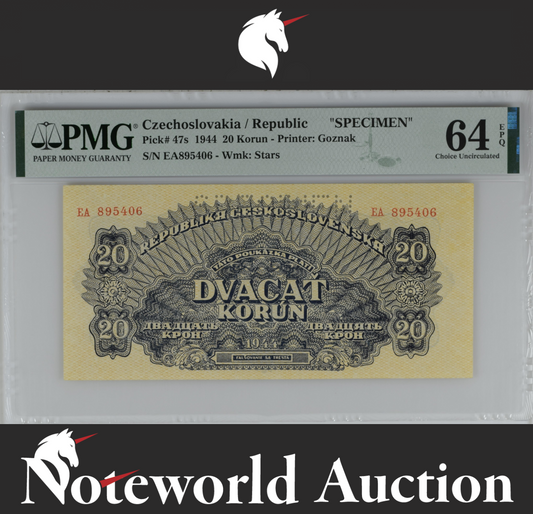 Czechoslovakia SPECIMEN 20 Korun 1944 P 47s UNC PMG 64 EPQ 3rd TOP POP