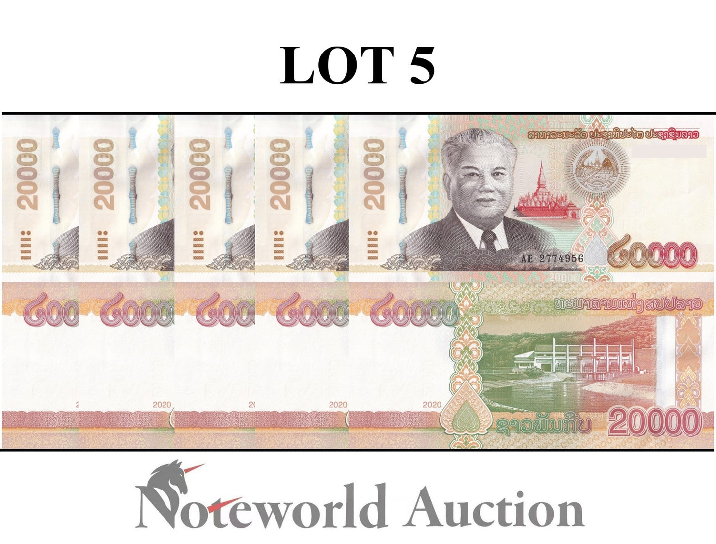 LAOS 20000 Kip 2020 P 41C Lot 5 pcs 1/20 Bundle UNC