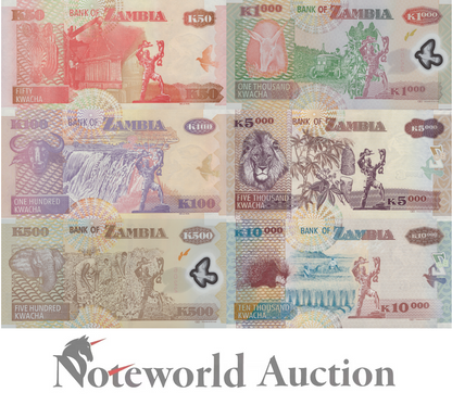 ZAMBIA 50 100 500 1000 5000 10000 Kwacha 2010-2011 P 37i-46g Set 6 pcs UNC