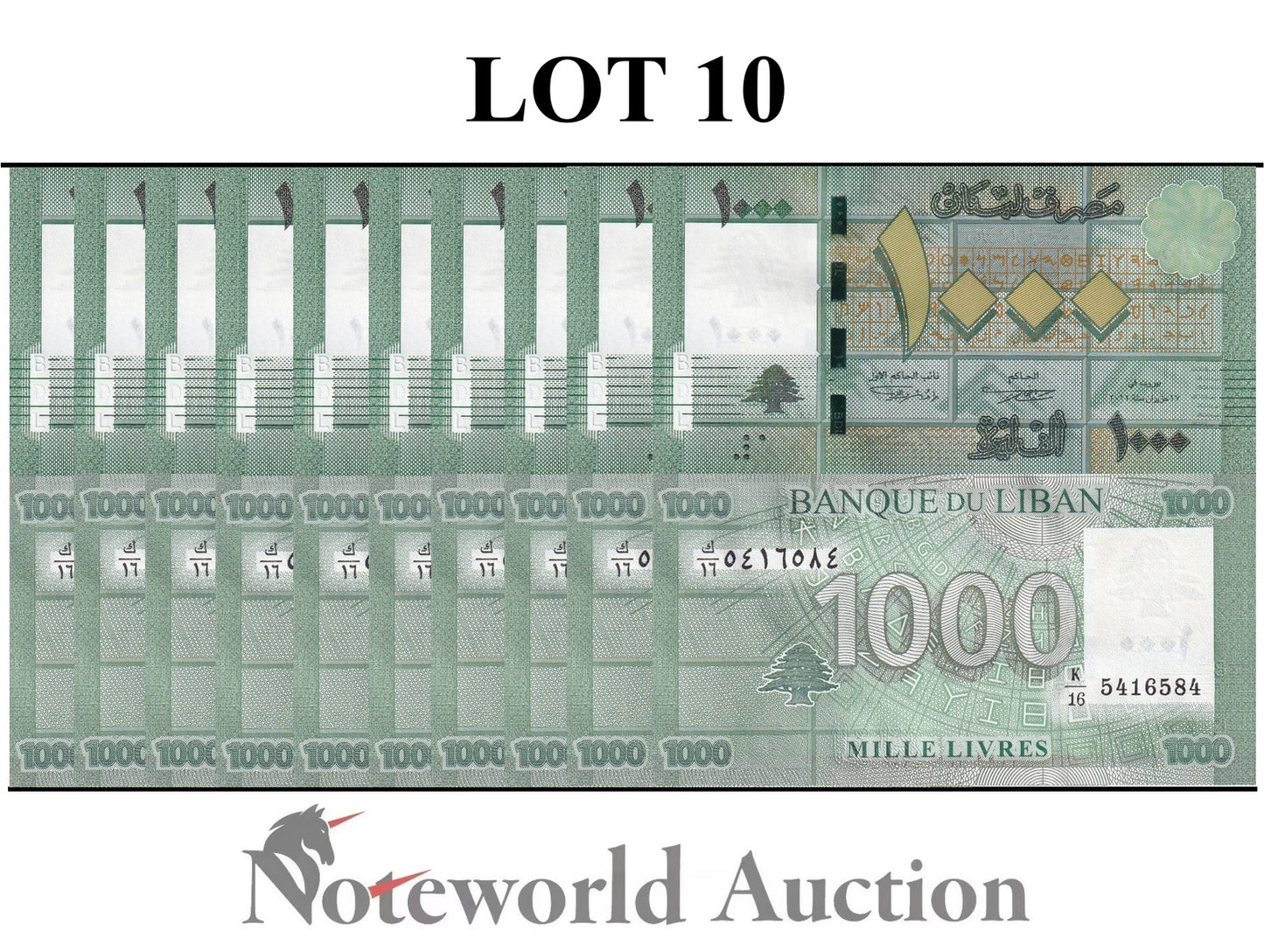LEBANON 1000 Livres 2012 P 90b Lot 10 pcs 1/10 Bundle UNC