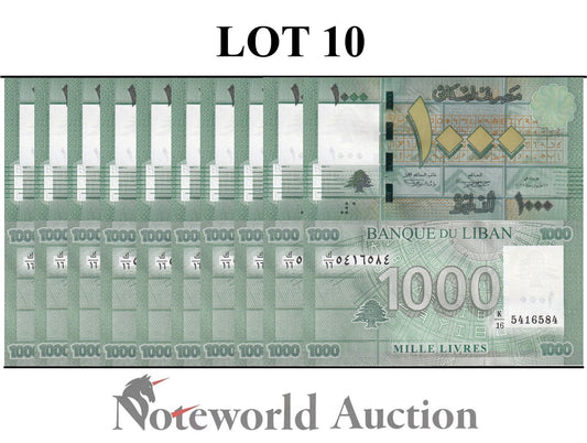LEBANON 1000 Livres 2012 P 90b Lot 10 pcs 1/10 Bundle UNC