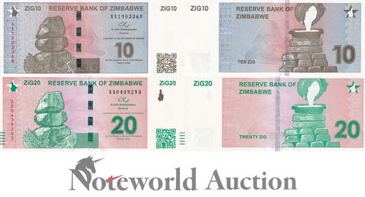 ZIMBABWE 10 20 Zig 2024 P 110 111 First Prefix AA Set 2 pcs UNC
