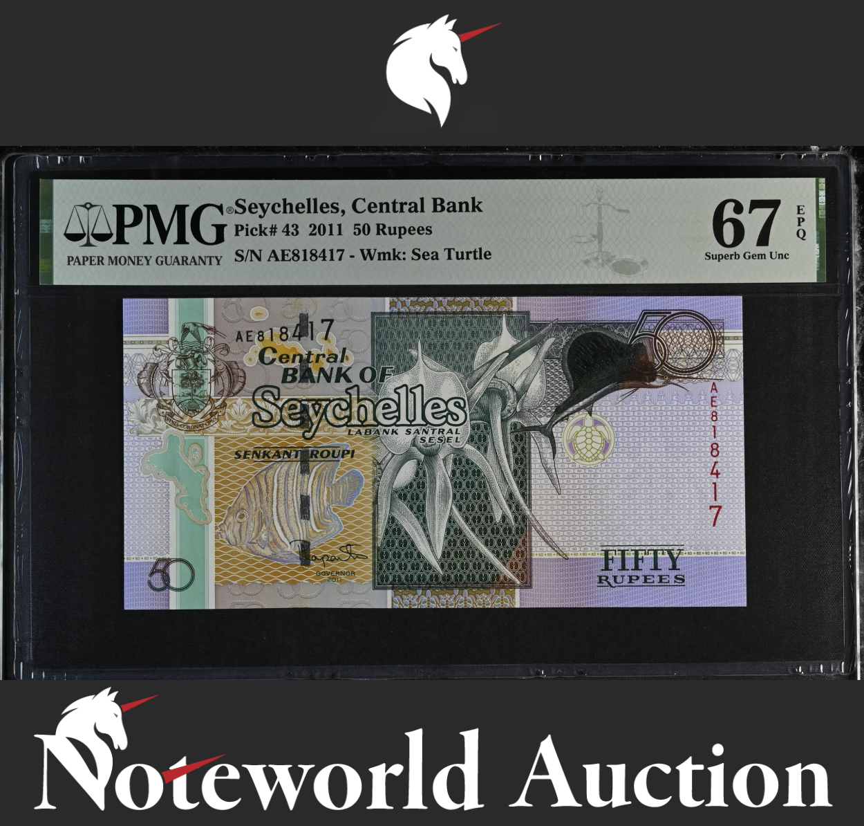 Seychelles Central Bank 50 Rupees 2011 P 43 UNC PMG 67 EPQ