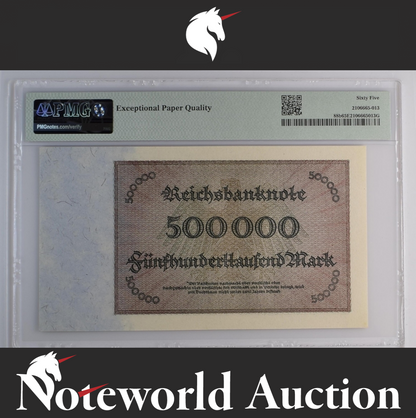 Germany Republic Treasury Note 500,000 Mark 1923 P 88b UNC PMG 65 EPQ