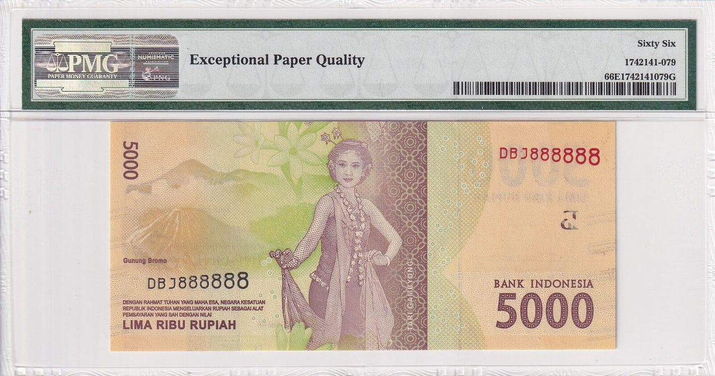 INDONESIA 5000 Rupiah 2016/2017 P 156b Fancy SOLID 8 - DBJ 888888 UNC PMG 66 EPQ