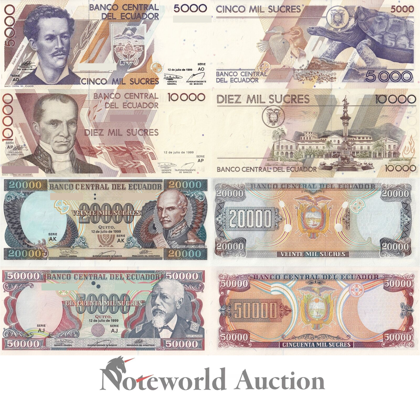 ECUADOR Set 4 pcs - 5000 10000 20000 50000 Sucres 1999 P 128c 127e 129 130 UNC