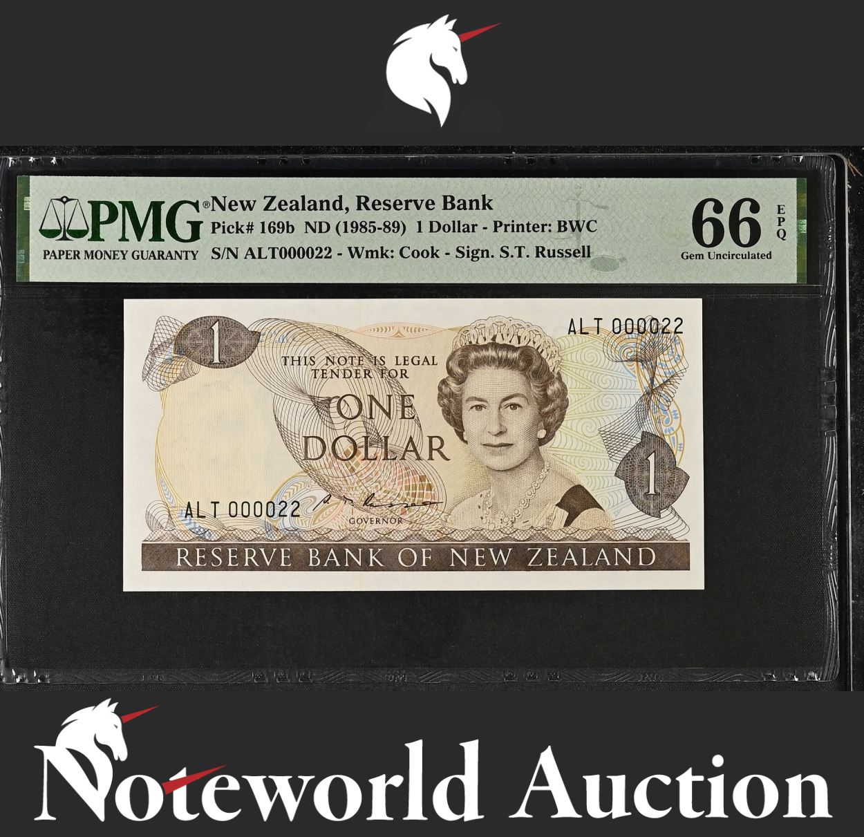 NEW ZEALAND 1 Dollar 1985-89 P 169b Fancy LOW SERIAL NO. 000022 UNC PMG 66 EPQ