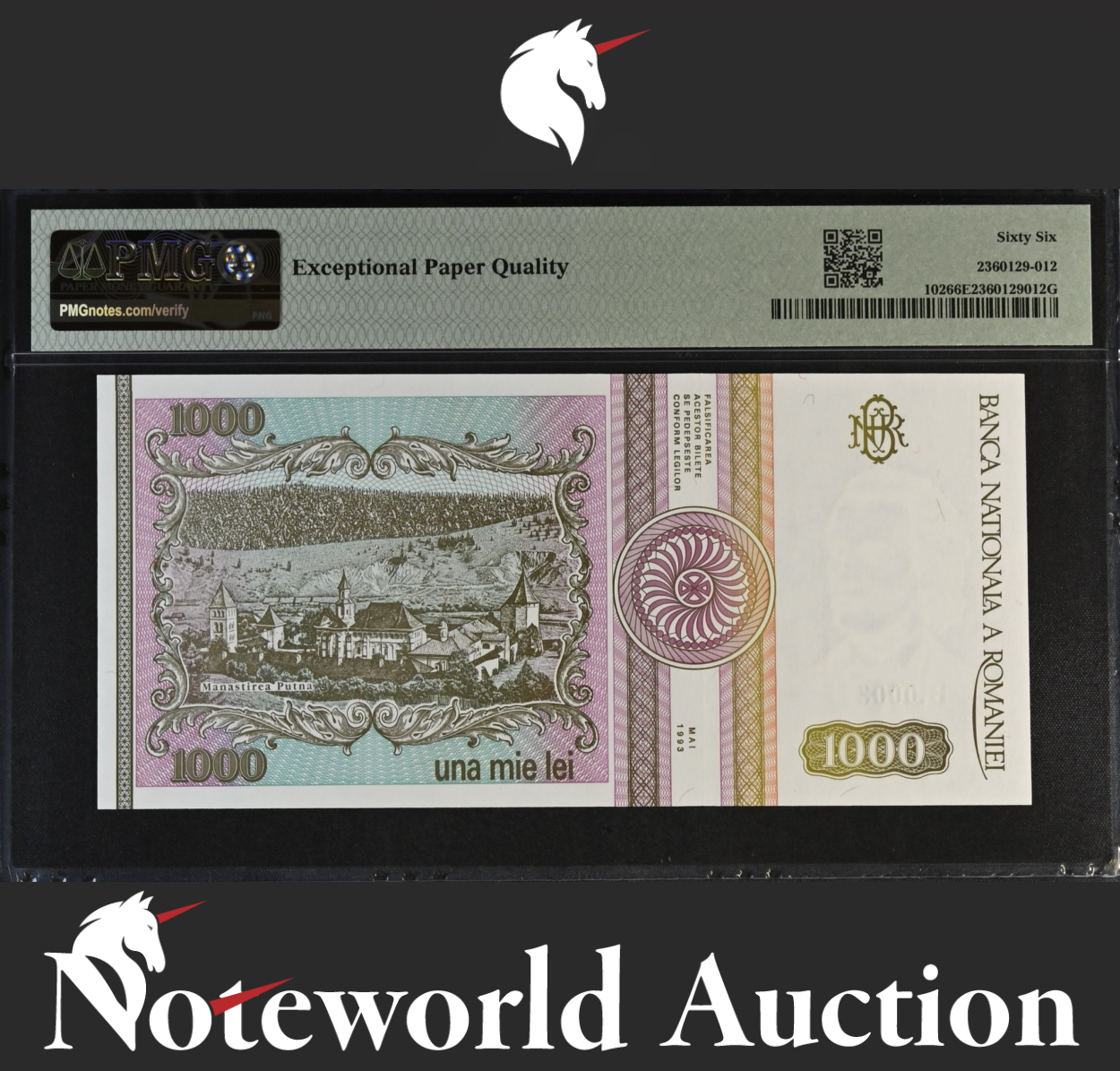 Romania Banca Nationala 1000 Lei 1993 P 102 LOW S/N 000807 UNC PMG 66 EPQ